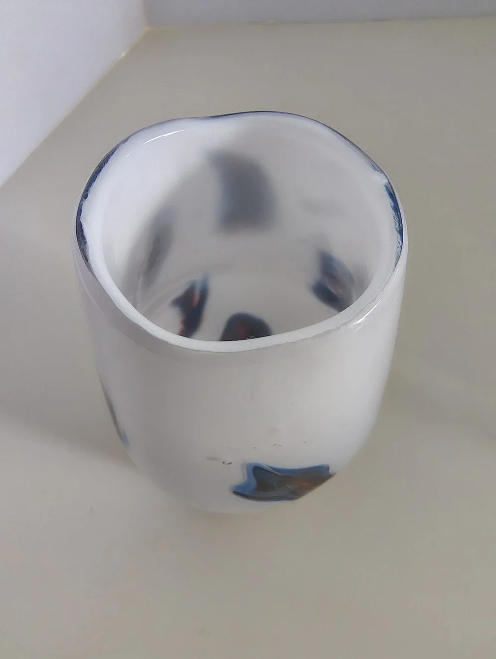 Vintage 1970s Italian Opaline Glass Vase Hand Blown White Blue Macchie Splashes